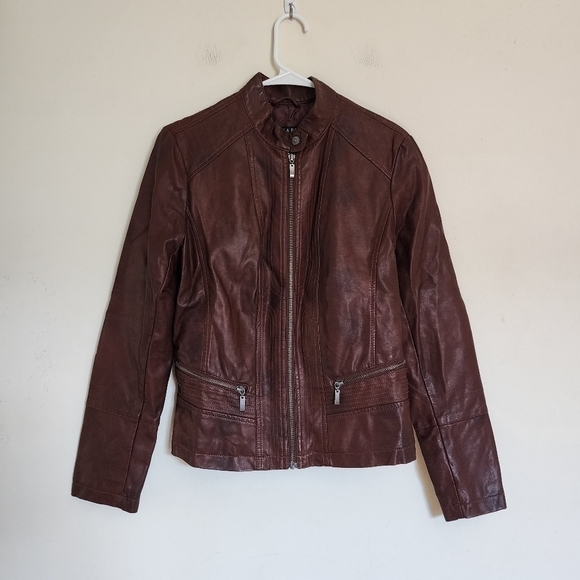 Bernardo Faux-leather Moto/ Biker Jacket Zip Pockets size Medium in Cognac - Picture 1 of 5